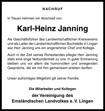 Traueranzeige von Karl-Heinz Janning von Neue Osnabrücker Zeitung