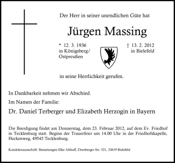 Traueranzeige von Jürgen Massing von Neue Osnabrücker Zeitung