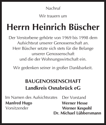 Traueranzeige von Heinrich Büscher von Neue Osnabrücker Zeitung