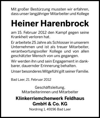 Traueranzeige von Heiner Harenbrock von Neue Osnabrücker Zeitung