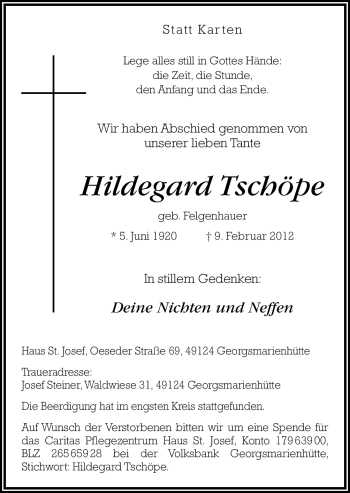 Traueranzeige von Hildegard Tschöpe von Neue Osnabrücker Zeitung
