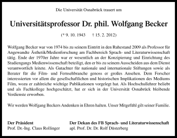 Traueranzeige von Wolfgang Becker von Neue Osnabrücker Zeitung