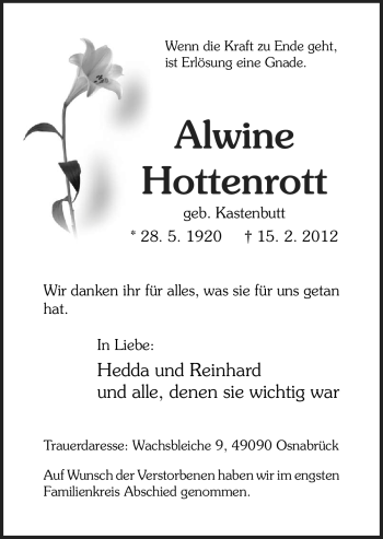 Traueranzeige von Alwine Hottenrott von Neue Osnabrücker Zeitung