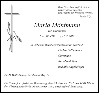 Traueranzeige von Maria Möntmann von Neue Osnabrücker Zeitung