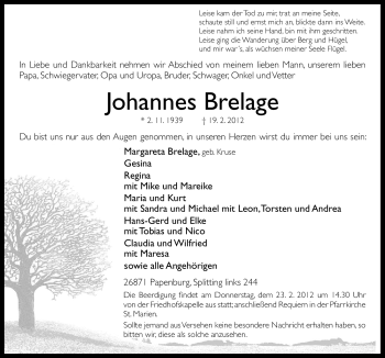 Traueranzeige von Johannes Brelage von Neue Osnabrücker Zeitung
