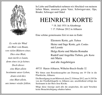 Traueranzeige von Heinrich Korte von Neue Osnabrücker Zeitung