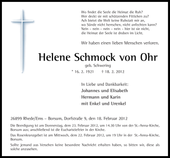 Traueranzeige von Helene Schmock von Ohr von Neue Osnabrücker Zeitung
