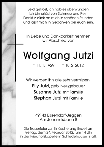 Traueranzeige von Wolfgang Jutzi von Neue Osnabrücker Zeitung