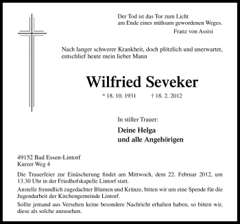 Traueranzeige von Wilfried Seveker von Neue Osnabrücker Zeitung