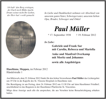 Traueranzeige von Paul Müller von Neue Osnabrücker Zeitung