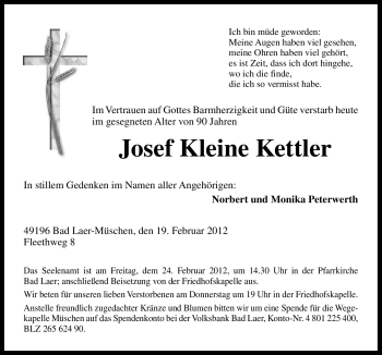 Traueranzeige von Josef Kleine Kettler von Neue Osnabrücker Zeitung