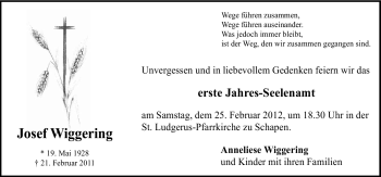 Traueranzeige von Josef Wiggering von Neue Osnabrücker Zeitung