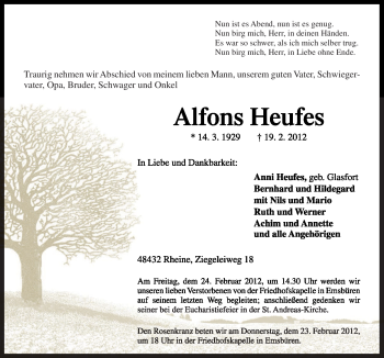 Traueranzeige von Alfons Heufes von Neue Osnabrücker Zeitung