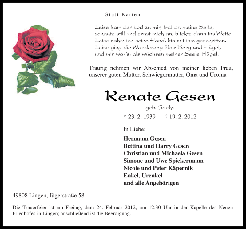  Traueranzeige für Renate Gesen vom 21.02.2012 aus Neue Osnabrücker Zeitung