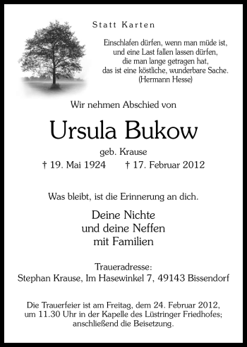 Traueranzeige von Ursula Bukow von Neue Osnabrücker Zeitung