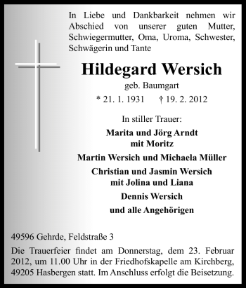 Traueranzeige von Hildegard Wersich von Neue Osnabrücker Zeitung