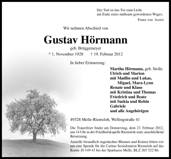 Traueranzeige von Gustav Hörmann von Neue Osnabrücker Zeitung