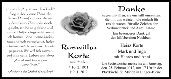 Traueranzeige von Roswitha Korte von Neue Osnabrücker Zeitung