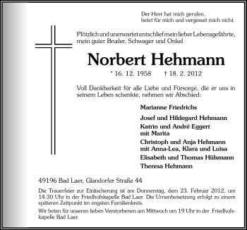 Traueranzeige von Norbert Hehmann von Neue Osnabrücker Zeitung