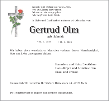 Traueranzeige von Gertrud Olm von Neue Osnabrücker Zeitung