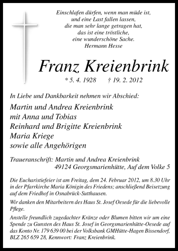 Traueranzeige von Franz Kreienbrink von Neue Osnabrücker Zeitung