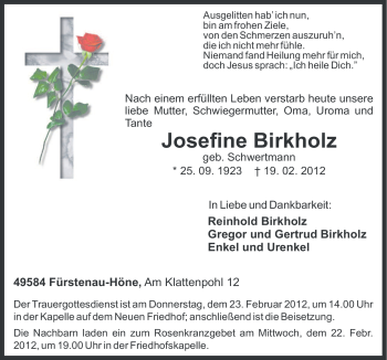 Traueranzeige von Josefine Birkholz von Neue Osnabrücker Zeitung