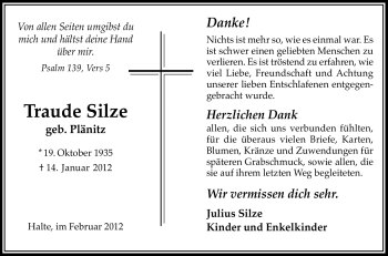 Traueranzeige von Traude Silze von Neue Osnabrücker Zeitung