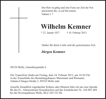 Traueranzeige von Wilhelm Kemner von Neue Osnabrücker Zeitung