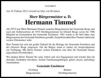 Traueranzeige von Hermann Timmel von Neue Osnabrücker Zeitung