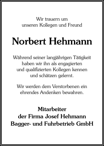 Traueranzeige von Norbert Hehmann von Neue Osnabrücker Zeitung