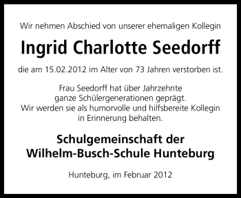 Traueranzeige von Ingrid Charlotte Seedorff von Neue Osnabrücker Zeitung