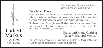 Traueranzeige von Hubert Markus von Neue Osnabrücker Zeitung