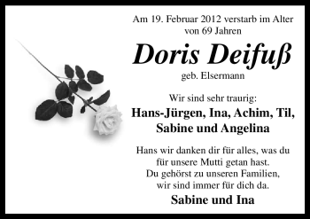Traueranzeige von Doris Deifuß von Neue Osnabrücker Zeitung