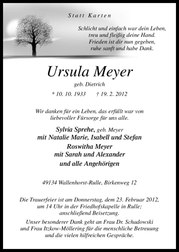 Traueranzeige von Ursula Meyer von Neue Osnabrücker Zeitung