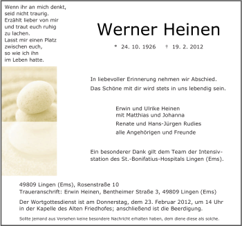 Traueranzeige von Werner Heinen von Neue Osnabrücker Zeitung