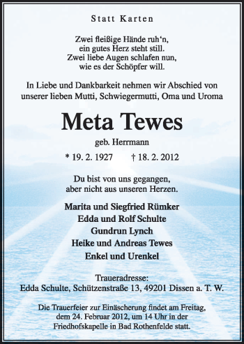 Traueranzeige von Meta Tewes von Neue Osnabrücker Zeitung