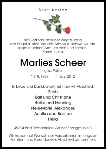 Traueranzeige von Marlies Scheer von Neue Osnabrücker Zeitung