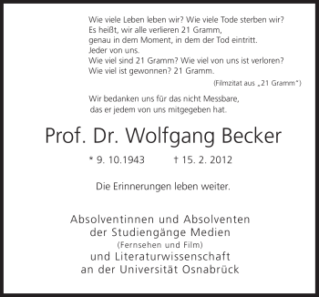 Traueranzeige von Wolfgang Becker von Neue Osnabrücker Zeitung