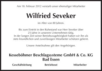 Traueranzeige von Wilfried Seveker von Neue Osnabrücker Zeitung