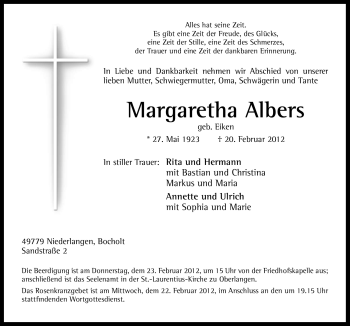 Traueranzeige von Margaretha Albers von Neue Osnabrücker Zeitung
