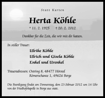 Traueranzeige von Herta Köhle von Neue Osnabrücker Zeitung