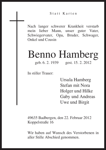 Traueranzeige von Benno Hamberg von Neue Osnabrücker Zeitung