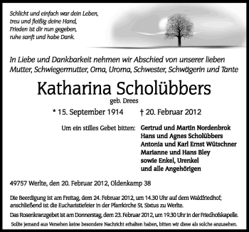 Traueranzeige von Katharina Scholübbers von Neue Osnabrücker Zeitung