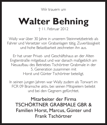 Traueranzeige von Walter Behning von Neue Osnabrücker Zeitung