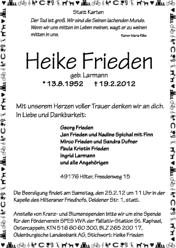 Traueranzeige von Heike Frieden von Neue Osnabrücker Zeitung