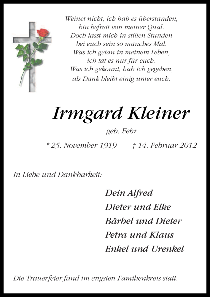 Traueranzeige für Irmgard Kleiner vom 25.02.2012 aus Neue Osnabrücker Zeitung
