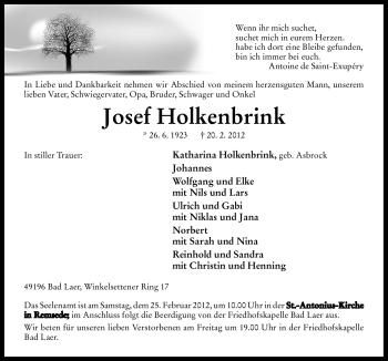 Traueranzeige von Josef Holkenbrink von Neue Osnabrücker Zeitung