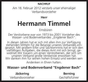 Traueranzeige von Hermann Timmel von Neue Osnabrücker Zeitung