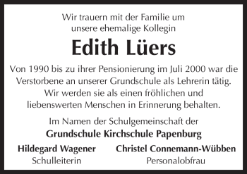Traueranzeige von Edith Lüers von Neue Osnabrücker Zeitung