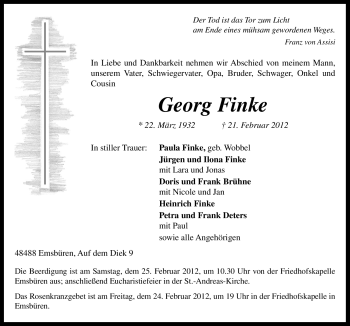 Traueranzeige von Georg Finke von Neue Osnabrücker Zeitung